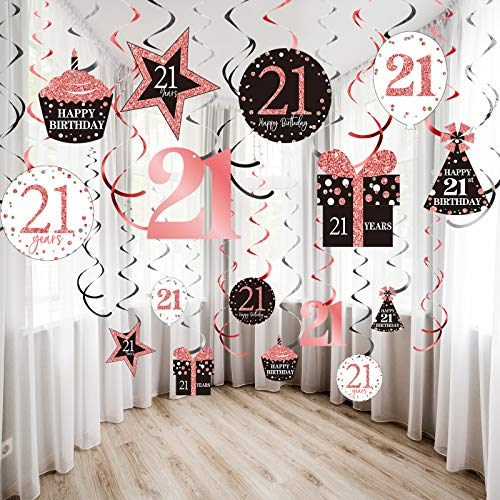 Rose Gold 21st Birthday Hanging Swirls Ceiling Decorations - Shiny Foil Swirls for Women's 21st Birthday - 30 Count