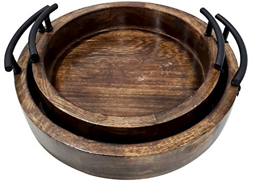 Handmade Round Shape Wooden Serving Tray with Metal Handle Deep Rustic Design Tray for House Party Set of 2