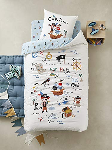 Vertbaudet Kinder Bettwäsche-Set „Piraten Kapitän“ wollweiß/blau Bedruckt 140X200 - Kissen 63X63