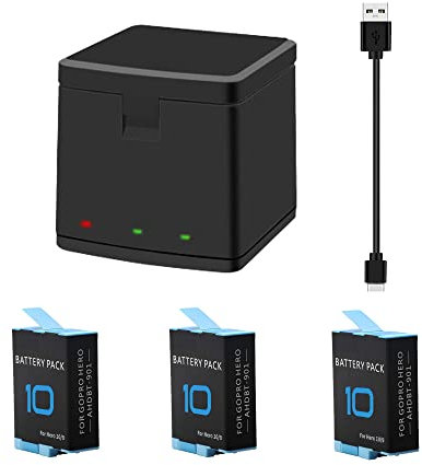 SLODA Pack de 3 Piles de Remplacement Hero 9/10 et Chargeur de boîte de Stockage USB à 3 canaux avec 3 Piles au Rechargeables Batterie pour Gopro Hero 9/10 (avec câble de Type C)