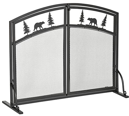 HOMCOM Fire Guard with Double Doors, Metal Mesh Fireplace Screen, Spark Flame Barrier with Tree Decoration for Living Room, Bedroom Decor