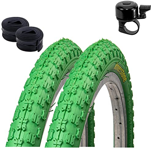 2 x Roverstone 20 Fahrradreifen Fahrradmantel grün 54-406 (20 x 2,125) + 2 Schläuche DV inkl. Fahrradklingel