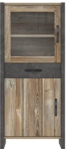 Newroom Vitrine Betonoptik und Picea Kiefer Vitrinenschrank Modern - 67,7x154,2x43,1 cm (BxHxT) - Glasvitrine Standvitrine Glasschrank - [Porter.Four] Wohnzimmer Wohnstube Büro