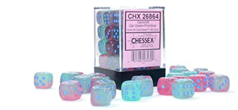 Gemini 12mm d6 Gel Green-Pink/Blue Luminary Dice Block (36 dice), (CHX26864)