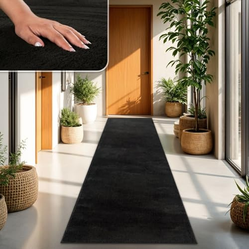 TT Home Teppich Wohnzimmer Schwarz 80x300 cm, Waschbar & Kurzflor | Moderner Flauschiger Teppich, Pflegeleicht & Rutschfest, Ideal Für Wohnzimmer, Schlafzimmer, Kinderzimmer & Flur