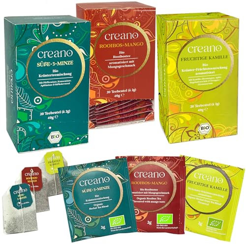 Creano Bio-Kräutertee Set „Herbal Mix“, fruchtig, frisch & süß mit den Bio-Tee-Sorten Fruchtige Kamille, Süße-3-Minze, Rooibos-Mango, 3 x 20 Teebeutel*