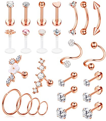 MILACOLATO 25 Pcs Helix Cartlidge Boucles D'oreilles Pour Femme Acier Inoxydable 16G CZ Boule Dos Tragus Boucles D'oreilles Labret Hoop Set Daith Conch Rook Lobe Lèvre Piercing Bijoux Or rose