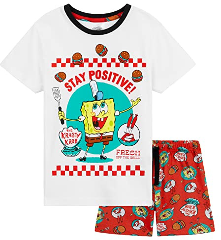 SPONGEBOB SQUAREPANTS Boys Pyjamas Set Short PJs Kids Teens Lounge Set Nightwear Soft Summer Sleepwear Gifts for Boys (5-6 Years, White/Red)