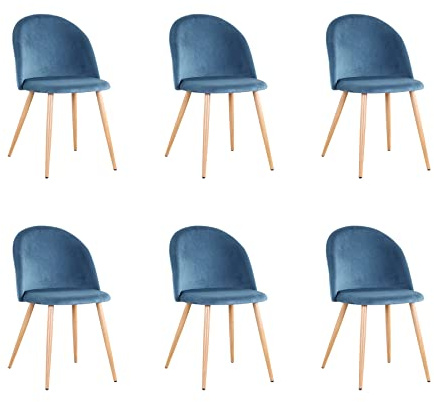 GrandCA HOME Set di 6 Sedie da Pranzo in Velluto, Sedie da Cucina Imbottite con Gambe in Metallo, per Soggiorno da Pranzo, Blu