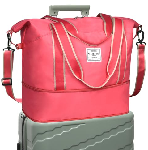 DMluna wasserdichter Reise-Seesack - Tragetasche, Sporttasche, Schultertasche - Wochenendtasche für Damen und Herren - Krankenhaus-Tasche - Erweiterbar mit Trolley-Ärmel und Nasstasche - Korallenrot