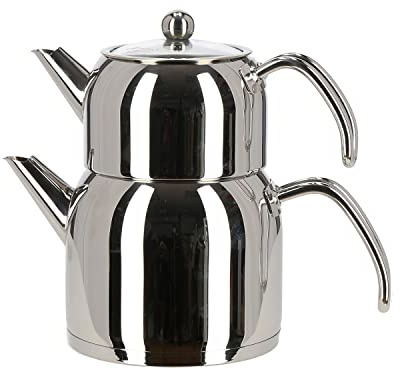 Teekanne Edelstahl Caydanlik Teekocher Wasser/Tee-Kessel Wasserkessel 2L, Teekessel 1L Griff Silber