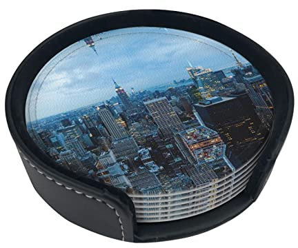 Lot de 6 dessous de verre en cuir imprimé New York pour boissons, décoration d'intérieur et cadeau de pendaison de crémaillère