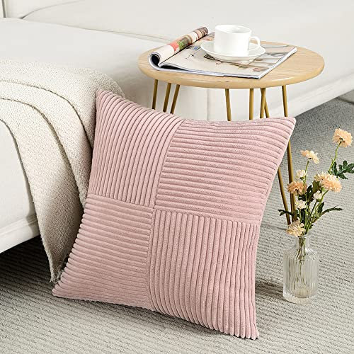 Fancy Homi Copricuscino decorativo rosa cipria, 40 x 40 cm, per soggiorno, divano, letto, rustico, stile bohémien, decorazione per la casa, federa quadrata in velluto a coste morbido patchwork in