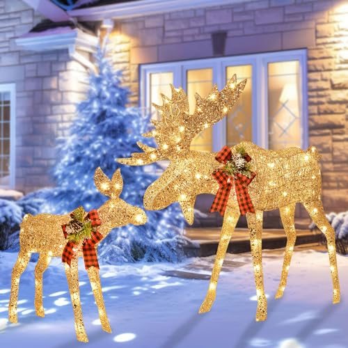 Reindeer Beleuchtete Weihnachtsdekoration Elch Familie-Beleuchteter Elch 2 Set mit 135 Lichtern-Outdoor Yard Decoration Kit Including 2-Piece Deer, Pfählen und Verlängerungskabel -Gold
