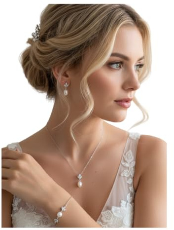 ONDEGO® Silber Perlen Schmuckset 3-teilig Halskette Ohrringe Armband Zirkonia Strass Brautschmuck Hochzeit Kommunion Abiball