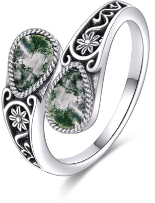 POPLYKE Moosachat Filigran Löffel Ring Sterling Silber Vintage Daumen Ringe Boho Einstellbare Offener Ring Aussage Schmuck Geschenke für Frauen