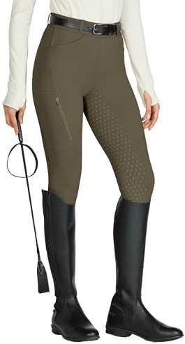 WILLIT Leggings da equitazione da donna, in silicone, con inserti completi, a vita alta, elasticizzati, con tasca con cerniera, passanti per cintura, marrone, S