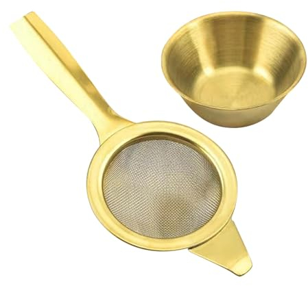 1 Set Tea Filter, Long Handle Stainless Steel Tea Strainer with Drip Bowl, Reusable Gold Stainless Steel Strainer for Loose Tea Leaf Fine Mesh Sieve (Gold)