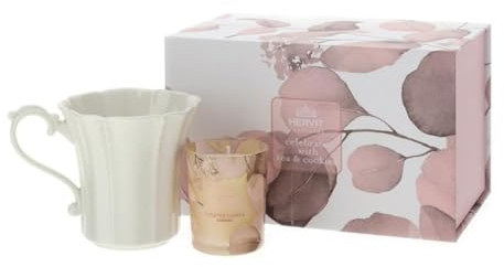 Hervit Set Candela Profumata con Tazza Mug in Porcellana in Box Regalo Botanic - Scatola Regalo con Tazza da Te 270ml e Candela al Biscotto 70gr - 4 colori differenti (Rosa)