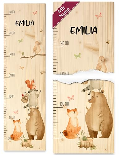 Messlatte Kind Holz - Tiere - Kindermesslatte Waldtiere I Bär I Fuchs I Waschbär I Eichhörnchen I Eule - 90-150 cm - Holz - kinder 160 tier wald holzmesslatte wand größe eulen meßlatte