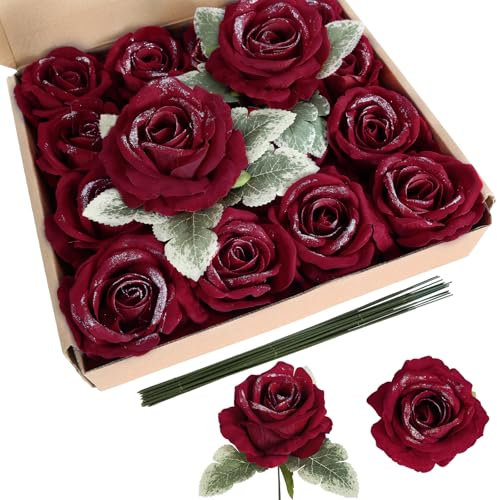 IPOPU Rote Glitzer-Rosen, künstliche Blumen, 10 cm, rote Samt-Rose, fühlt sich echt an, mit Glitzer für selbstgemachte Hochzeitsstrauß, Zuhause, Party, Garten, Tischdekoration, 16 Stück (rot)