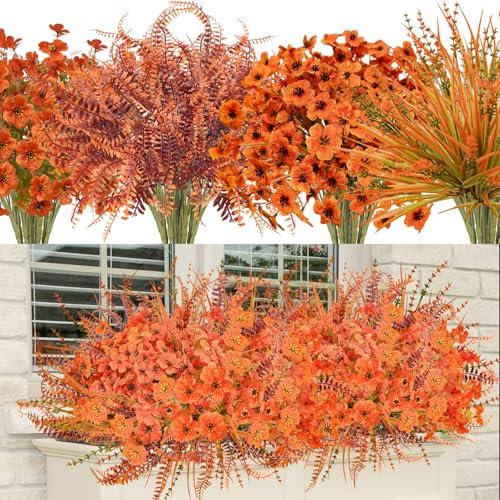 obbsie 24 paquetes de flores artificiales de otoño para exteriores, resistentes a los rayos UV, plantas de otoño falsas que no se decoloran, arreglos de plantas de otoño artificiales para granja,