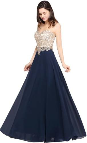 MisShow Women's Formal Chiffon A line Lace Sleeveless Round Neck Appliques Long Prom Dress Navy Blue 12