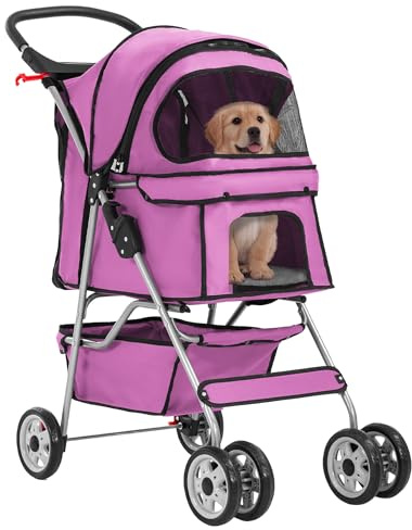 FDW Hundewagen, Faltbar Hundebuggy, Katzenwagen mit 2 360°Drehrädern, Inkl. Aufbewahrungskorb,Kissen&Netzfenstern Getränkehalter 4 Räder, bis 15 kg, Klappbar Haustierbuggy Jogger Buggy, Rosa