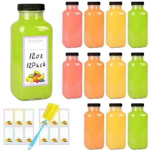 Dayify 12 Pack 12oz Glass Drink Bottles with Lids, 360ml Vintage Glass Water Bottles with Caps, Reusable Juice Containers Drinking Jars for Juicing, Milk, Ginger, Kombucha, Beverages