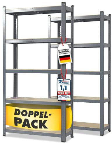 OfficeMarshal L Confezione doppia di scaffali per carichi pesanti, grigio, 200 x 120 x 60 cm, scaffalatura, scaffalatura, scaffale, sistema a incastro montato senza attrezzi (Lakota)