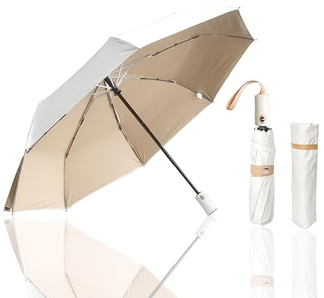 Nuxer Sun Umbrella Travel Umbrella Windproof Compact Folding Umbrella for Rain Auto Open and Close UV Protection UPF 50+ (White/Khaki-A)