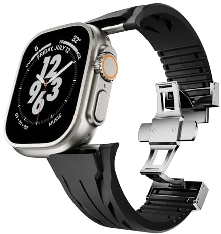 SRRDK Correa de caucho fluorado para Apple Watch Ultra 2 49mm S10 46MM 45mm 44MM 42mm Correa para Iwatch Series 6 5 4 Se 9 8 7 Correas de reloj de pulsera de caucho fluorado ultracortadas(Silver black