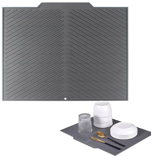 Dish Drying Mat, Silicone Draining Board Mats, Non-Slip Design 42.5x31.5cm V-Shaped Easy to Clean Dish Drainer Mat Used for Draining and Insulating Cookware (Grey)