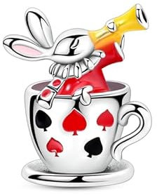 Alice White Rabbit in Teacup Charm 925 Silver Charm Compatible with Pandora Charms, Trollbeads, Chamilia, Biagi and Many Other UK Charm Bracelets.