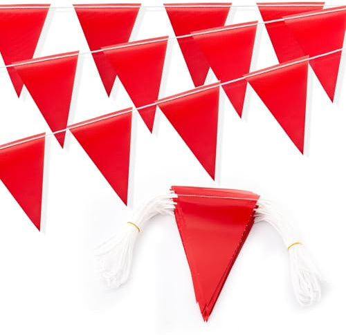 Fanion d'avertissement de sécurité de 105 m – Drapeaux triangulaires colorés multi-usages OSHA haute visibilité pour clôture extérieure, fête, travaux routiers et zones à danger (rouge, 135 m, 105 m)