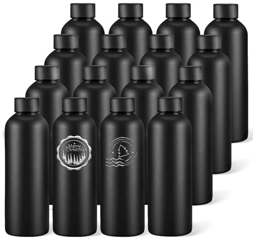 WHEATHUSK 16 Pack Stainless Steel Insulated Water Bottle 17oz Blank Double Wall Vacuum Thermal Sports Bottle Personalized Powder Coated Bulk for Laser Engrave, Black