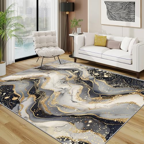 TerroVee Marmor Teppich 140x200 cm, Abstrakt Modern Luxus Teppich Wohnzimmer, Schwarz Weiß Gold Kurzflor rutschfest Pflegeleicht Teppiche Für Jugendzimmer Schlafzimmer, Schwarz Weiß Gold