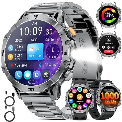 SUNKTA Smartwatch Herren mit 1000mAh Großer Akku/1.7''Großes Display/Telefonfunktion/LED/Wasserdicht Militär Fitness Tracker 24H Herzfrequenz/Schlafmonitor/110 Sportmodi Sportuhr Android iOS,Schwarz