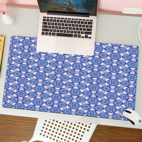 QRFASFZO Großer Mauspad - 80x30cm Gaming-Mauspad mit genähten Kanten, Nicht rutschender Unterlage,Indigo, orientalisches Ethno-Design mit rechteckigem Bild in Blattform,Schreibtischmatte und Maus