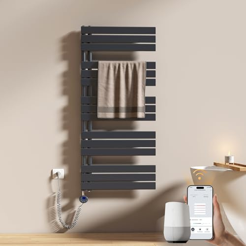 EMKE WiFi Badheizkörper Elektrisch 1320x500 mm - Flach Handtuchheizkörper Elektrisch, Elektrischer Handtuchwärmer Handtuchtrockner Handtuch Heizkörper Bad mit Thermostat und Heizstab - 800W, Anthrazit