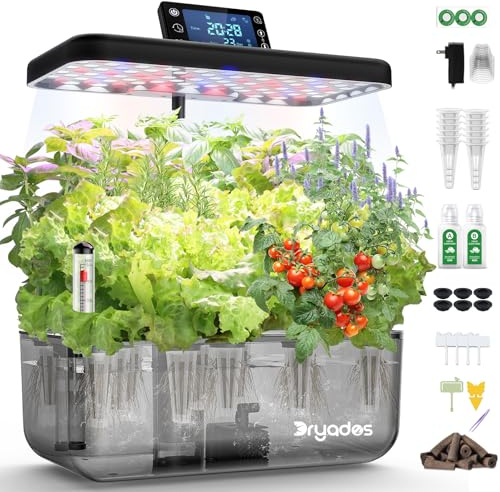 DRYADES Kit Sistema di Coltivazione Idroponica 12 Pods, Smart Herb Garden con Luce LED per Crescita a Spettro Completo da 24W, Piantatore da Giardino Interno per Casa/Ufficio/Scuola (Nero Traslucido)