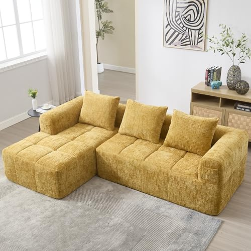 ZIDEY Modulares L-förmiges Ecksofa mit Schlaffunktion, 3-Sitzer-Sofa, Schlafsofa mit Chaiselongue&Armlehnen&3 Kissen, Sektionssofa Für Wohnzimmer & Schlafzimmer, Gelb