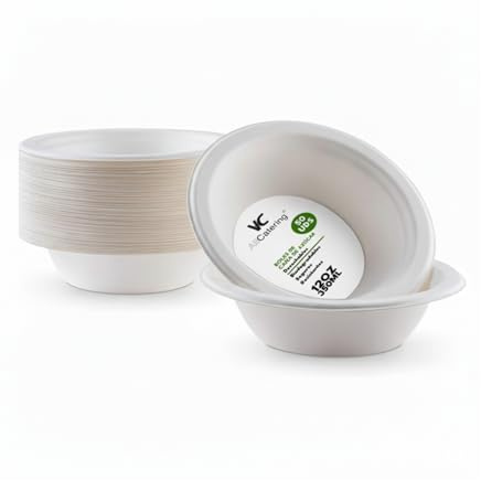 AC ALL CATERING 100 Boles Desechables de Caña de azúcar Redondos de 350 ml. Ecológicos, Biodegradables y Resistentes para Picnics, Barbacoas, Fiestas y Cumpleaños. 100 Cuencos