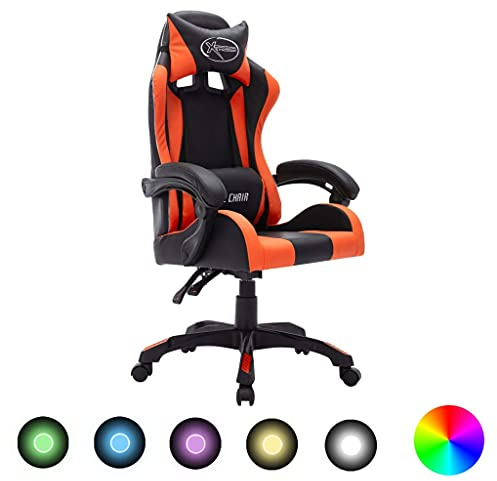 QZZCED Chaise de gaming ergonomique avec lumières LED RVB en cuir synthétique orange et noir, réglable, inclinable à 360 degrés, télécommande pour bureau et jeux