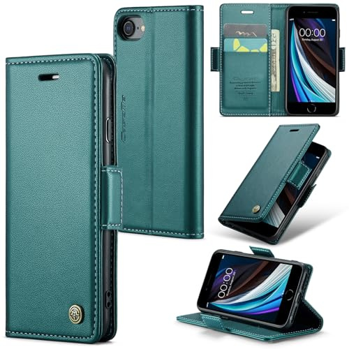 Idhiem Leder Handyhülle Klappbar für iPhone SE (2016)/iPhone 5/5S, Grün | Premium PU Leder, Klappbar Hülle, RFID Blockierung, Magnetverschluss, Kartenfach Standfunktion, Klapphülle Schutzhülle