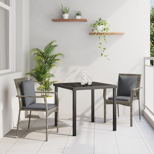 JHQHSM 3-teilige Garten-Essgruppe mit Kissen Grau Poly-Rattan für Terrasse Balkon Garten, Stabile Pulverbeschichtung Stahlrahmen Outdoor Möbel Set, Bequeme Sitzgruppe mit Dunklen