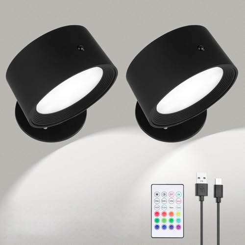 Rechargeable Wall Lights,2PCS Led Wall Lights With Remot Control 6-Level Brightness, 2 Colour Temperatures & 12 RGB Modes, 360° Rotation Battery Operated Wall Lamp For Living Room Bedroom Reading
