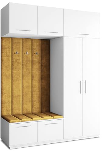 Masseno Flugarderoben Set Rema, Kleiderschrank-Set mit Sitzbank, Garderobenschrank Flur mit 5 Regalböden, Weiß
