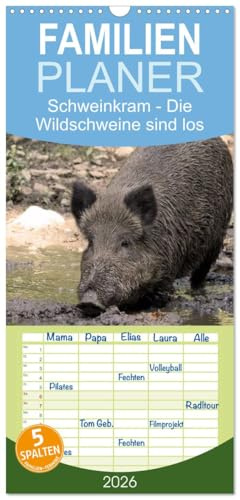 Familienplaner 2026 - Schweinkram - Die Wildschweine sind los mit 5 Spalten (Wandkalender, 21 cm x 45 cm), CALVENDO: Wildschweine in heimischen Wäldern (CALVENDO Tiere)