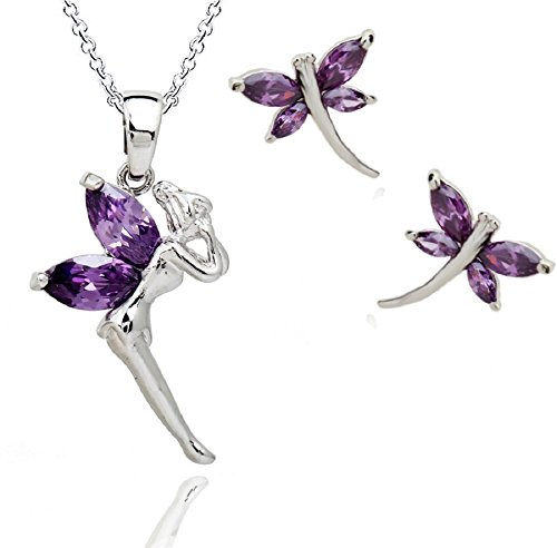 Crystalline Azuria Fee Tinkerbell Halskette Anhänger Ohrstecker mit Zirkonia Kristalle 18ct Weiß Vergoldet Schmuck Set für Damen und Mädchen
